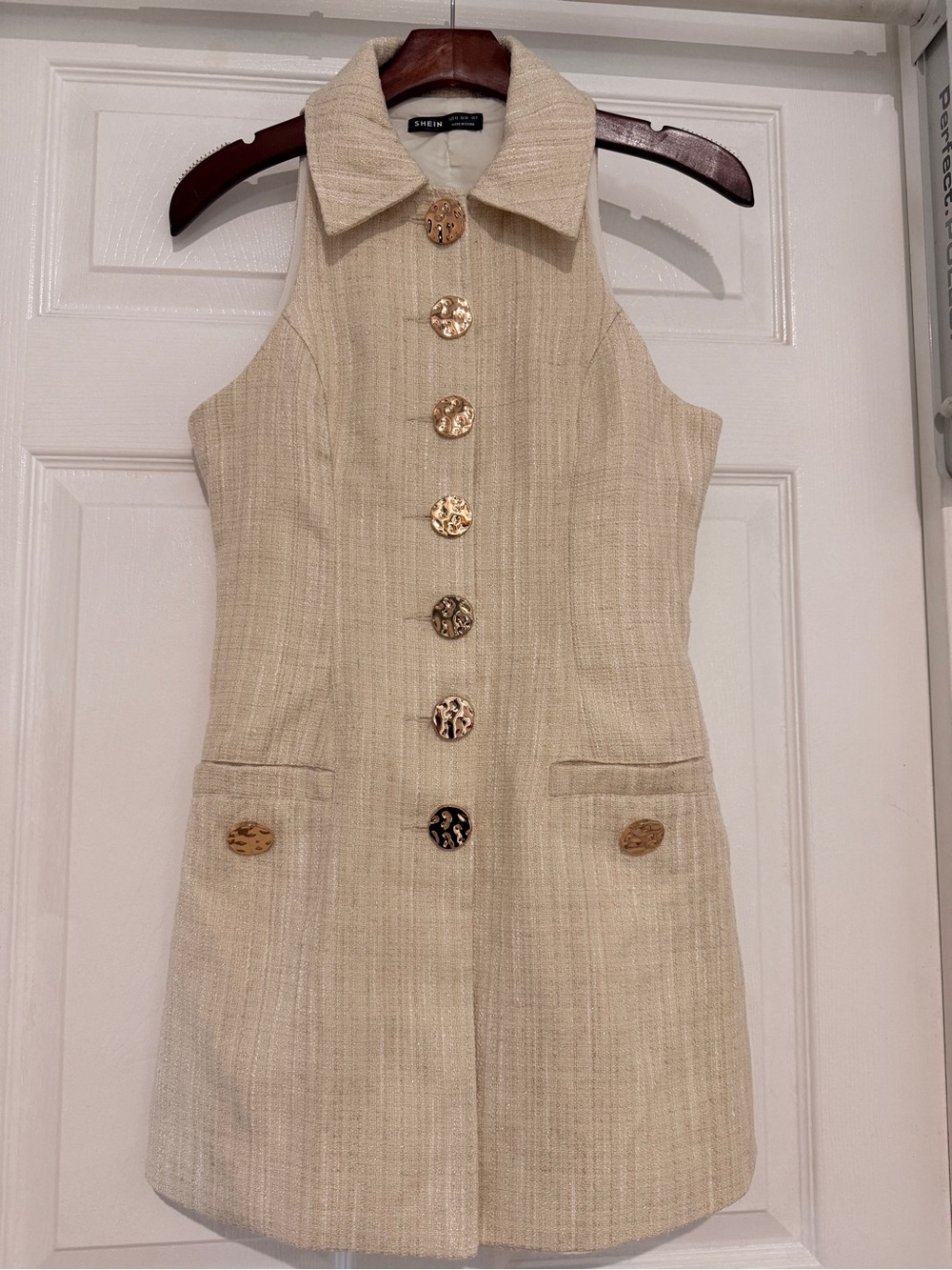SHEIN Cream Tweed Sleeveless Blazer Mini Dress Gold Buttons XS